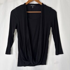 Laila Jayde Dorsi Front Drape Ribbed Knit Black Top XS 3/4 Sleeve Stretch Rayon